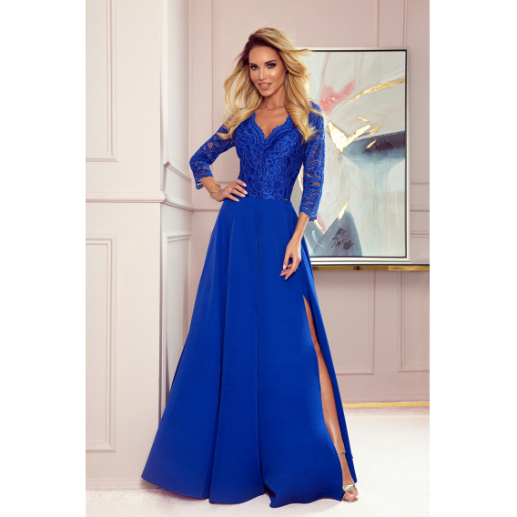 Obrázok pre 309-2 AMBER elegantné čipkové dlhé šaty s výstrihom - modrá