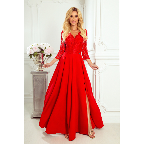 Obrázok pre 309-3 AMBER elegantné čipkové dlhé šaty s výstrihom - červené