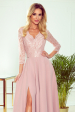 Obrázok pre 309-4 AMBER elegantné čipkové dlhé šaty s výstrihom - púdrovo ružové